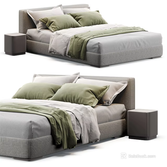 Stylish Double Bed With Grey Headboard Green Pillows Bedspread And Nightstand 3d model 
