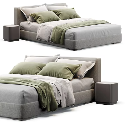 Stylish Double Bed With Grey Headboard Green Pillows Bedspread And Nightstand 3d model