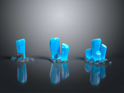 Three Blue Glowing Crystal Formations With Gray Rocks On Black Reflective Surface 3d model