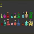 Colorful Glass Vase Sculptures With Various Shapes Neatly Arranged And Reflections