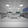 Modern Meeting Room Interior With Geometric Ceiling Square Lights Large Windows Green View And Colorful Display Screen