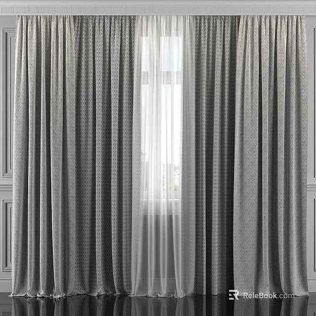 Gray Textured Curtains With Sheer White Layer For Window Natural Light 3d model 