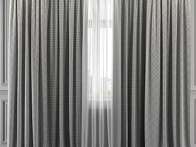 Gray Textured Curtains With Sheer White Layer For Window Natural Light 3d model