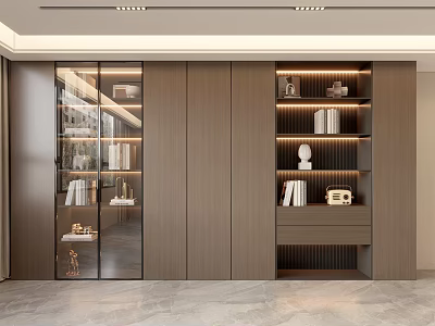 Elegant Modern Bookcase With Wooden Frame Glass Doors Illuminated Shelves And Decorative Items 3d model