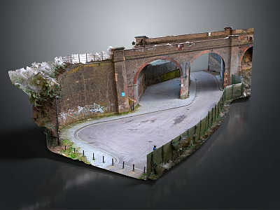 Historic Brick Arch Bridge Structure With Curved Road And Side Fence 3d model