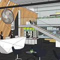 Car Dealership Showroom Interior With Reception Desk Displayed Cars Staircase And Waiting Area