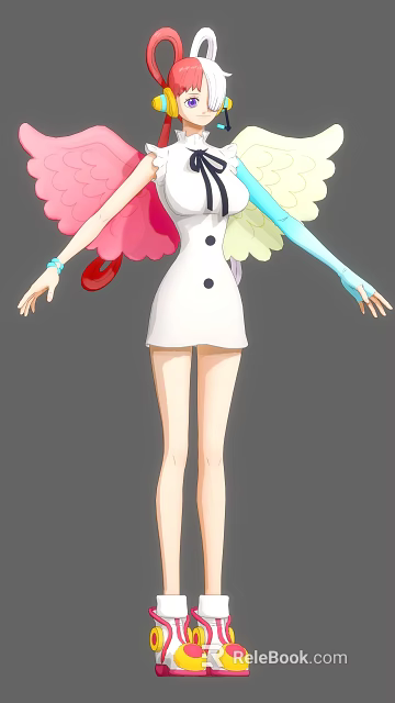 Game Movie Character in White Dress with Colorful Wings and Blue Gloves 3d model 