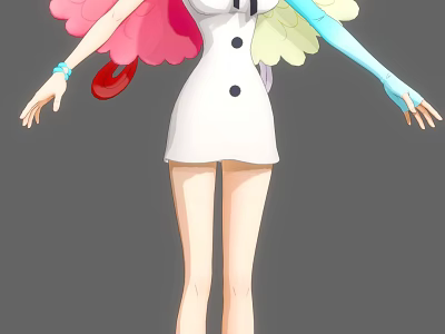 Game Movie Character in White Dress with Colorful Wings and Blue Gloves 3d model
