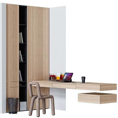 Modern Wooden Desk Setup With Light Wood Bookshelf Chair And Laptop Stationery Mug 3d model