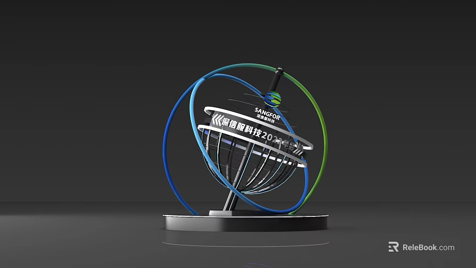 3D Typography For Samsung And UCAS With Spherical Structure Green Blue Rings Metal Stand 3d model 