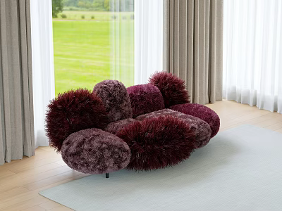 Puffy Burgundy Furry Two Seater Sofa in Room with Large Windows and Green Lawn 3d model