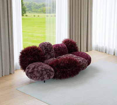 Puffy Burgundy Furry Two Seater Sofa in Room with Large Windows and Green Lawn 3d model