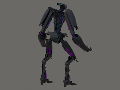 Futuristic Black Intelligent Machine Robot With Purple Accents And Mechanical Limbs 3d model