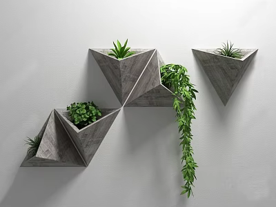 Geometric Wall Decor Triangular Concrete Planters With Green Plants And Hanging Vines Indoor Home Decoration 3d model