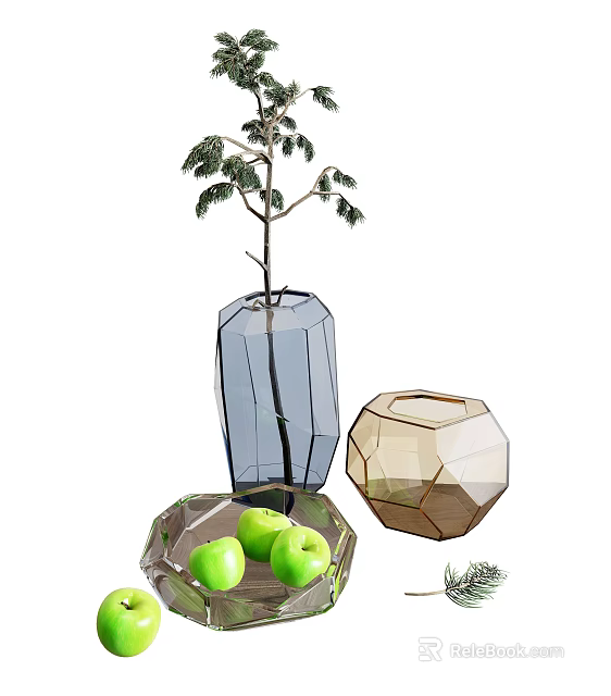 Geometric Transparent And Brown Vases With Green Plant For Home Decoration 3d model 