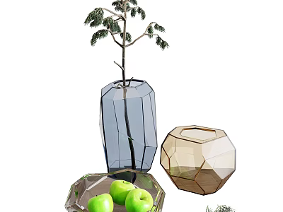 Geometric Transparent And Brown Vases With Green Plant For Home Decoration 3d model