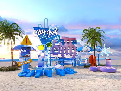 City Pop Themed Beach Setup With Palm Trees Colorful Decorations And Umbrellas 3d model