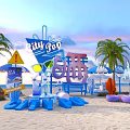 City Pop Themed Beach Setup With Palm Trees Colorful Decorations And Umbrellas