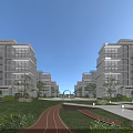 Modern Residential Buildings Featuring Symmetrical Layout Green Lawn Pathway Trees And Open Sky