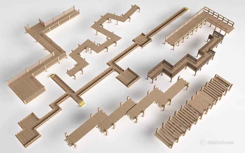 Wooden Boardwalk Different Designs Shapes And Structures For Outdoor Pathways 3d model 