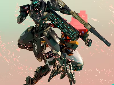Futuristic Sci Fi Mech Design With Mechanical Armor Weapon Dynamic Pose And Floating Fragments 3d model