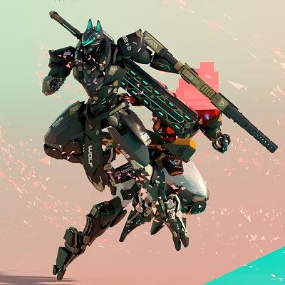 Futuristic Sci Fi Mech Design With Mechanical Armor Weapon Dynamic Pose And Floating Fragments 3d model