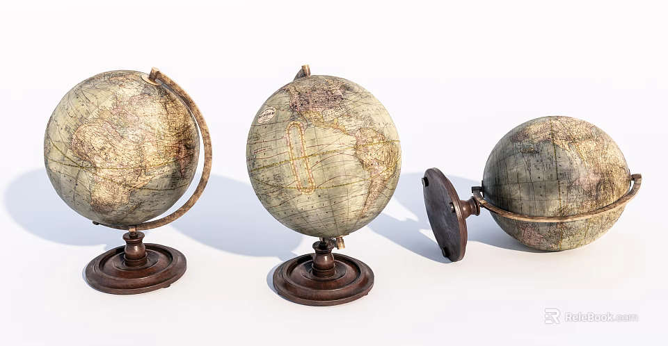 Vintage Globe Decorative Ornament Set with Wooden Bases and Retro Map Designs 3d model 