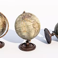 Vintage Globe Decorative Ornament Set with Wooden Bases and Retro Map Designs
