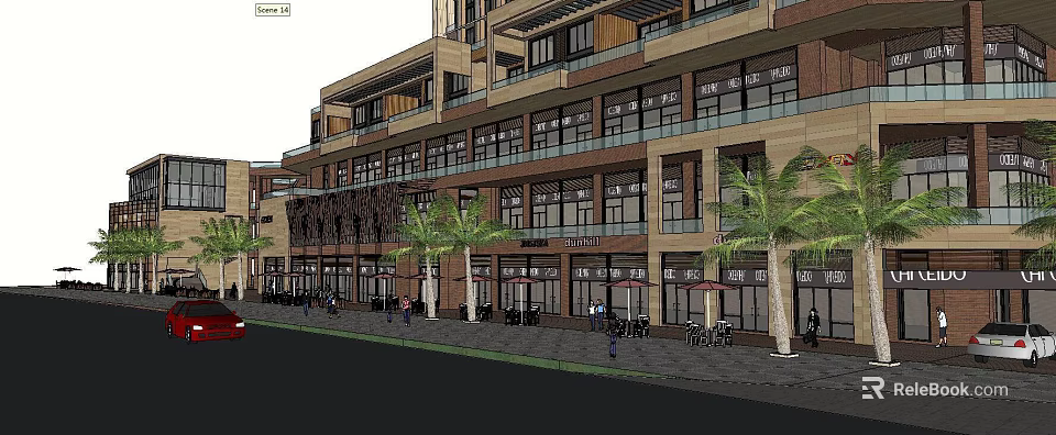 Modern Commercial Street With Multi Storey Buildings Shops Glass Facades And Palm Trees 3d model 