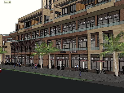 Modern Commercial Street With Multi Storey Buildings Shops Glass Facades And Palm Trees 3d model