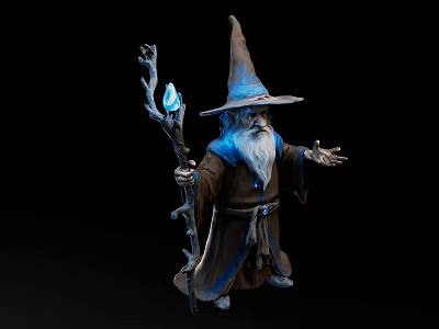 Game And Movie Character Wizard With Pointed Hat Long Beard Holding Glowing Staff In Robe 3d model