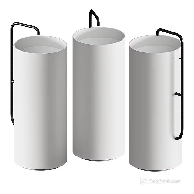 Three Modern Minimalist White Cylindrical Washbasins With Black Metal Handles 3d model 