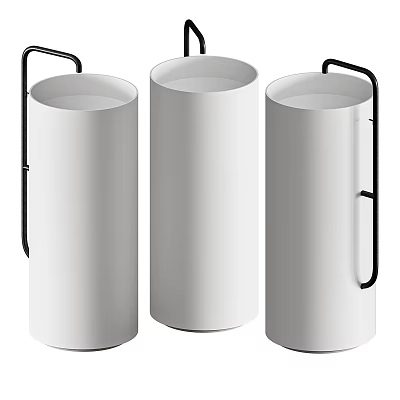 Three Modern Minimalist White Cylindrical Washbasins With Black Metal Handles 3d model