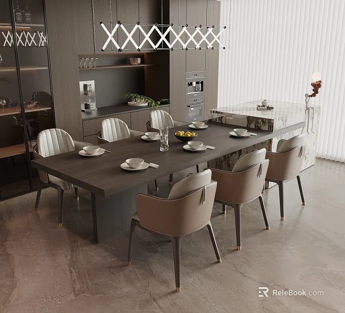 Modern Dark Wooden Dining Table With Beige Chairs Tableware Kitchen Coffee Machine And Natural Light 3d model 