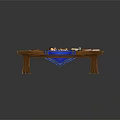 Wooden Board Game Table Setup With Blue Cloth Dice Cards Map And Colored Game Pieces