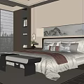 Traditional Chinese Double Bed Interior Design With Mountain Painting Headboard Pillows And Bench