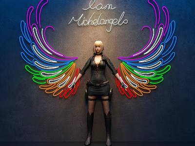 Game Movie Character Sam Michelangelo With Rainbow Neon Wings And Black Outfit On Dark Wall 3d model