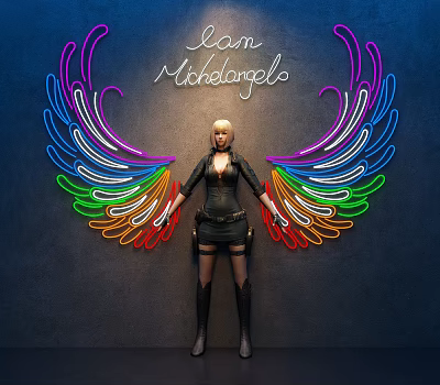 Game Movie Character Sam Michelangelo With Rainbow Neon Wings And Black Outfit On Dark Wall 3d model