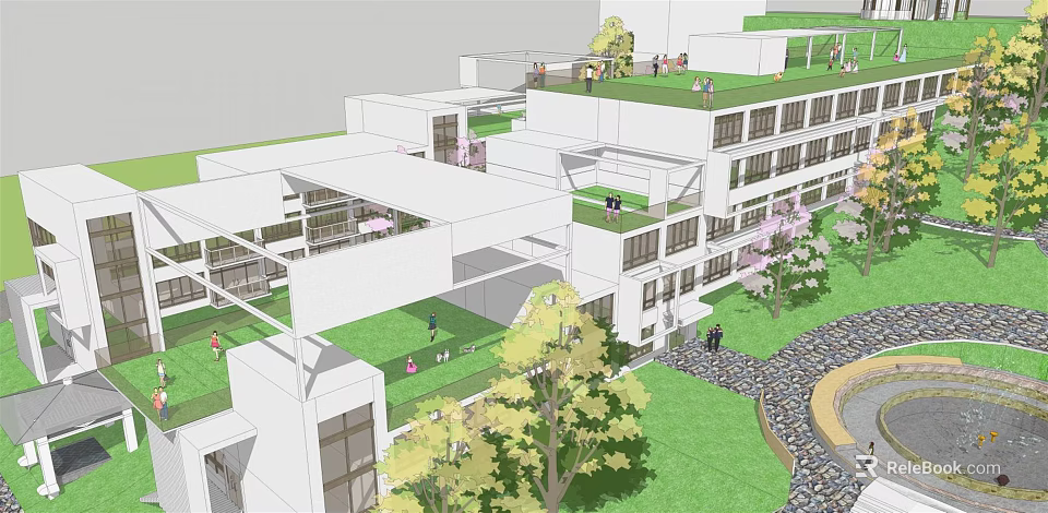 Eco Friendly Building Complex Design With Green Rooftops Lawns Trees Pathways And People 3d model 