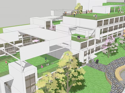 Eco Friendly Building Complex Design With Green Rooftops Lawns Trees Pathways And People 3d model
