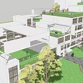 Eco Friendly Building Complex Design With Green Rooftops Lawns Trees Pathways And People