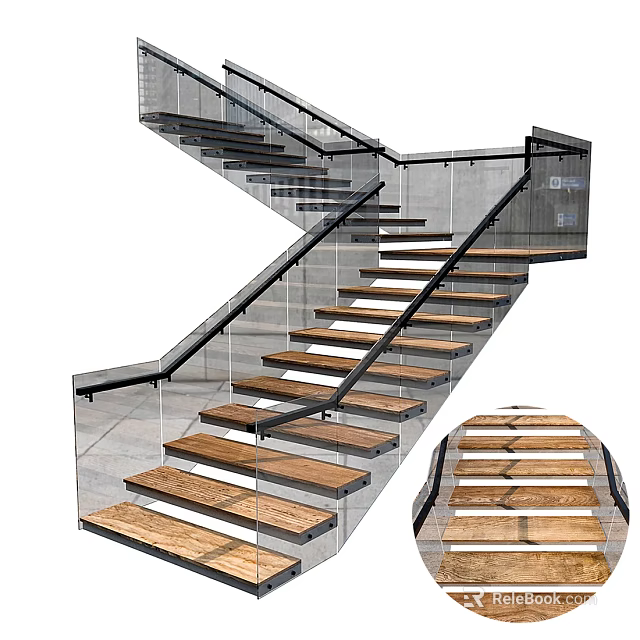 Modern Staircase Design With Wooden Treads Glass Railings And Metal Frame 3d model 