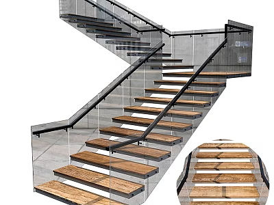 Modern Staircase Design With Wooden Treads Glass Railings And Metal Frame 3d model