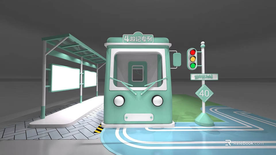 Bus Stop Scene With Green Route 4 Bus Traffic Light And 40 Speed Limit Sign 3d model 