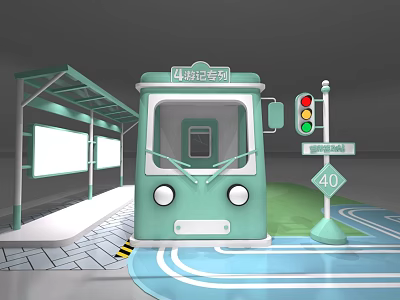 Bus Stop Scene With Green Route 4 Bus Traffic Light And 40 Speed Limit Sign 3d model