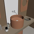 Minimalist Bathroom Interior With Round Pink Basin Mirror And Toiletries On Countertop