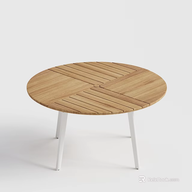 Modern Round Dining Table With Wooden Striped Top And White Legs 3d model 