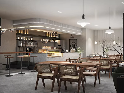 Modern Café Interior With Wooden Tables Woven Chairs Hanging Lights Bar Counter And Green Plants 3d model