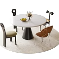 Modern Round Dining Table and Chairs Set with White Tabletop Black Cone Base on Rug 3d model