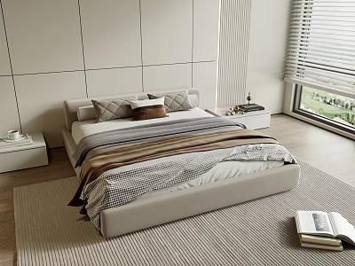 Modern Double Bed with Striped Bedspread Pillows Light Paneled Wall Window Blinds and Green View 3d model